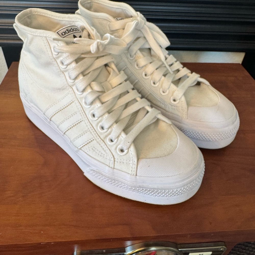 Adidas White High-Top Sneakers with Textured Fabric - worn once